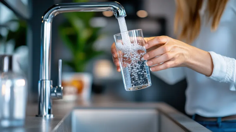 Un bicchiere che si riempie d'acqua sotto il rubinetto della cucina