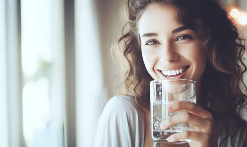 Una ragazza sorridente beve un bicchiere d'acqua